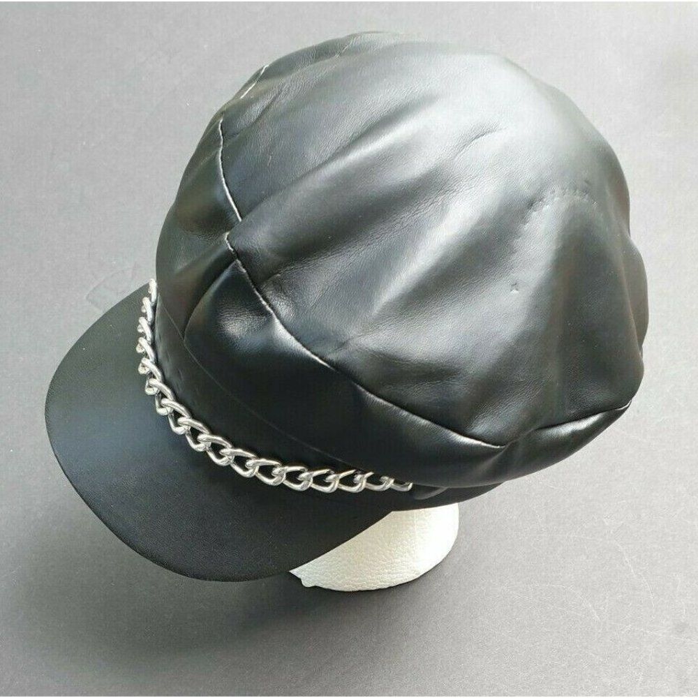 Hat Black Faux Leather w Silver Chain Biker Cosplay Costume Motorcycle Cap